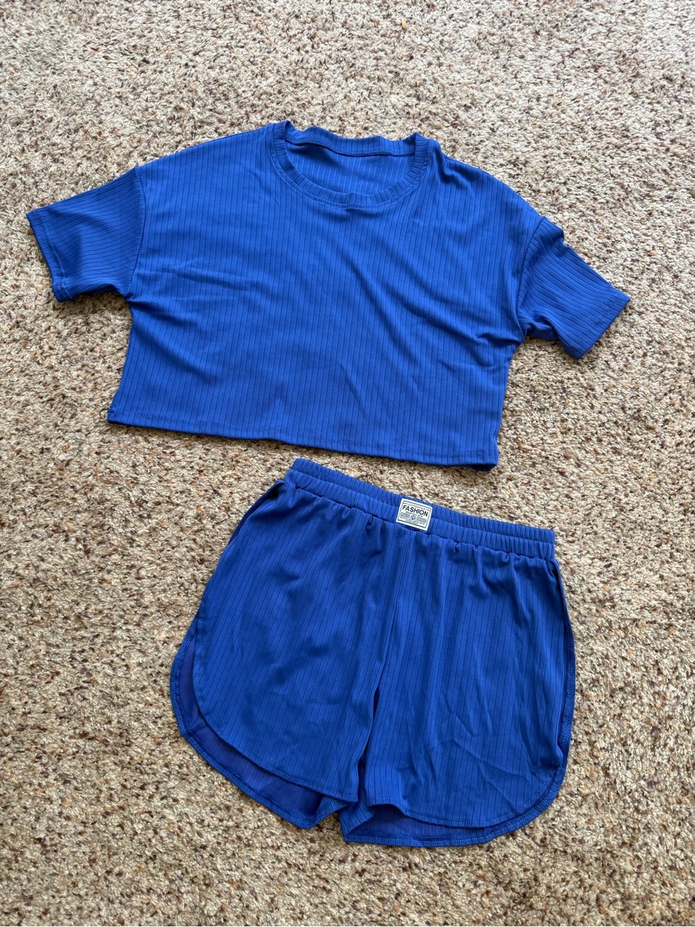 Casual Ribbed Crop Tee & Shorts Set - Blue